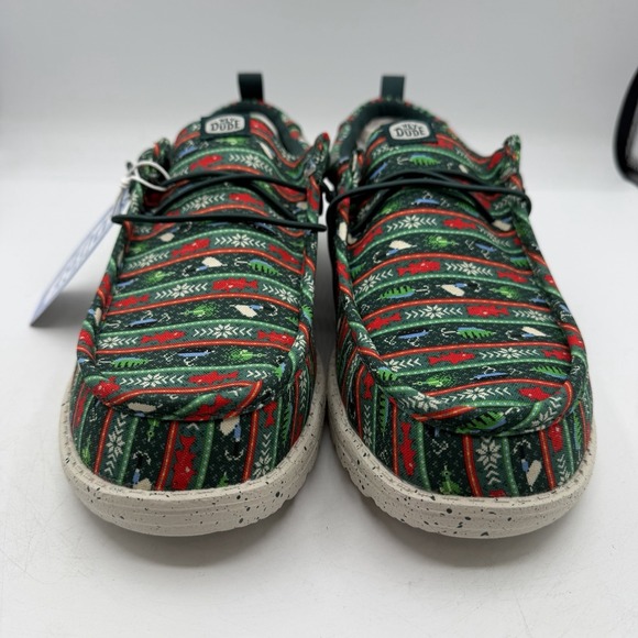 Hey Dude Wally Fishmas Sweater Shoes Mens Sz 10 Pine Green/Red Christmas Slip On main image 4